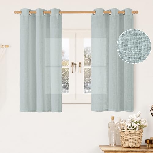 Image of LAMIT Greyish Blue Linen Curtains for Windows 2 Panels Set, 48 Inch Linen Textured Light Filtering Drapes Bronze Grommet Boho Panels for Farmhouse /RV Camper /Loft, 34 x 48 Inch