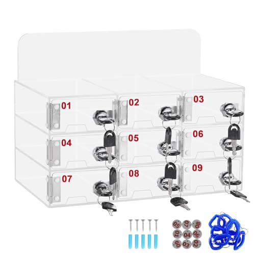 MXBAOHENG アクリル製 携帯電話ロッカーボックス 9スロット 鍵付き スマホ ロックボックス 充電口あり 壁掛け/置き型 学校 オフィス 会議室 事務 管理用 収納ボックス キャビネット B9