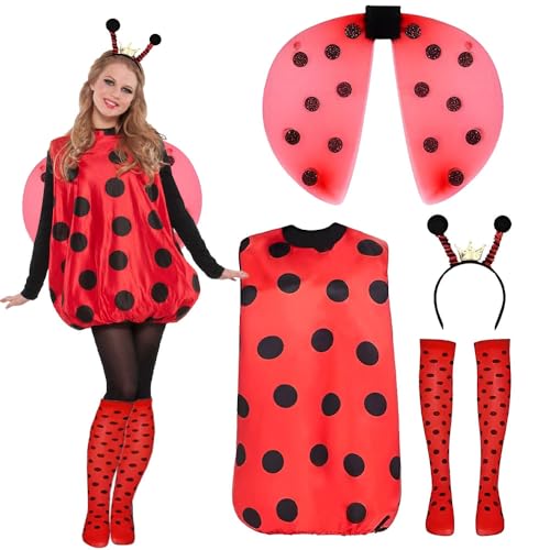 Marienkäfer Kostüm Damen, 4Pcs Ladybug Faschingskostüme Erwachsene