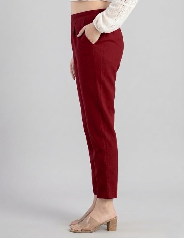 Image of Solid Cotton Woman Trousers Pants Regular Fit Kurti Pant with Drawstring Daily Office Formal Casual Use