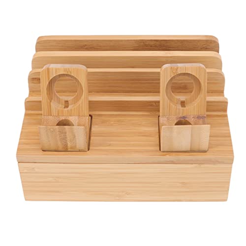 Estación de Carga de Bambú, estación carga multidispositivo, 11.3x13x17cm, Soporte de Madera con Cargador USB,Soporte de Carga con 5 Puertos,Antideslizante,para Teléfonos,Tabletas y Relojes(Natural)