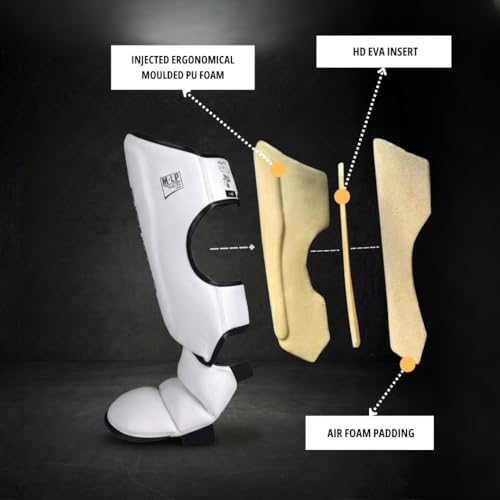 Image of MAUZER Muay Thai MMA Shin Guards with Instep Foot Protection High Density EVA Padding Adjustable Velcro Straps Synthetic Leather Kickboxing Guards (White and Black, Small)