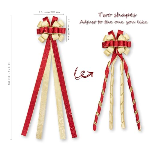 Hismir Christmas Tree Topper Bow，53x13 Inches Large Christmas Bow with Glitter Streamer，Decorative Bows for Xmas Tree Wreath Door Festival Home Decor(Red Gold) by Hismir - Image 4