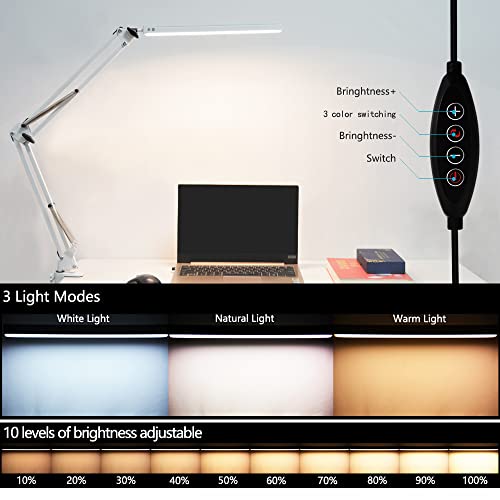 Yuhu Led Desk Lamp, Metal Swing Arm Desk Lamp, With Fixture, Desk Lamp With Clamp, 3 Color Modes, 10 Levels Of Brightness, With Memory Function, Suitable For Home, Office, Reading (White) #TOP1