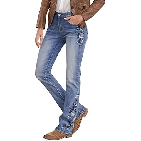 Women Retro Jeans High Waisted with Pocket Slim Fit Boot Cut Jeans for Women Flower Embroidered Jeans (Blue #1, S) Cover