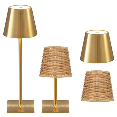 Mr. White Outdoor Waterproof Cordless Set of 2 Rechargeable Portable Top Touch Battery Operated Powered LED Table Lamp Desk Lamp Lights for Restaurant Kitchen Patio Dinner Dining (Gold 2 Pack)