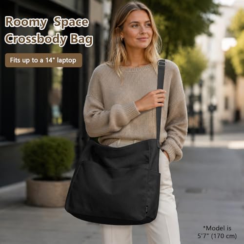 Image of KALIDI Canvas Tote Bag Zipper Large Crossbody Shoulder Bag Messenger Bag | Hobo Purse Cross Body Handbag for Women or Men Casual College Work Travel Daily Commuting Everyday