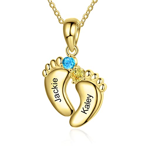 jewelora Personalisierte Baby Füße Damen Halskette Anhänger mit Namen Gravur Geburtssteinen Schmuck Geschenk für Familie Mutter Mama