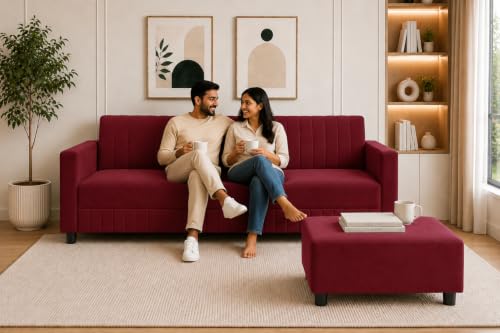 Image of Modern 3-Seater Velvet Sofa with Ottoman | Vertical Channel Tufted Backrest | Plush Cushioned Seating | Stylish Contemporary Sofa for Living Room, Bedroom & Office | Red