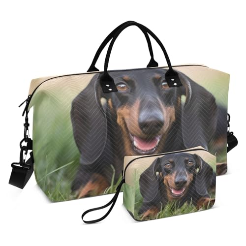Large Travel Duffel Bag, Sitting Dachshund Sports Tote Gym Bag, Shoulder Weekender Overnight Bag for Women Men, Carry On Luggage with Toiletry Bags