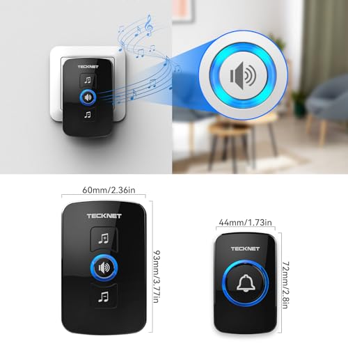 TECKNET Funkklingel, IP65 wasserdichte außere Funkklingel mit 400 m Reichweite, Funk-Türklingel-Set, 60 Melodien, 5 Lautstärkestufen, Funkklingel mit LED-Blitz, 1 Empfänger und 1 Sender, Schwarz
