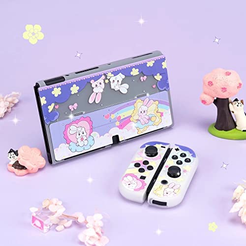 ENFILY Cute Rainbow Bunny Case Compatible with Nintendo Switch OLED, Dockable Case Cover, Ergonomic