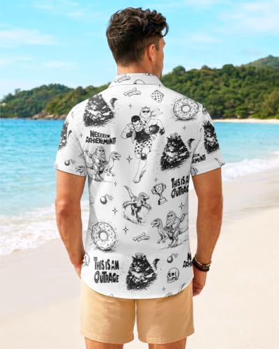 Image of 99TIMORO Funny Film Summer Button Down Shirt Men Short Sleeve Top | Movie Character Hawaiian Shirts for Men Lightweight Breathable Beach Vacation Business Casual Summer Gifts Classic Fit