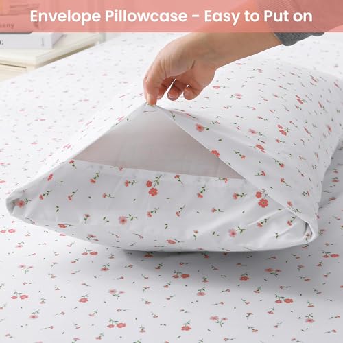 Image of Softan Pink Floral Twin Size Sheet Set, 3 Pieces Single Bed Sheets for Girls, Cozy Microfiber Fitted Sheet with 15 inch Deep Pockets & Non-Slip Straps, Pink Flower Sheets & Pillowcase Set
