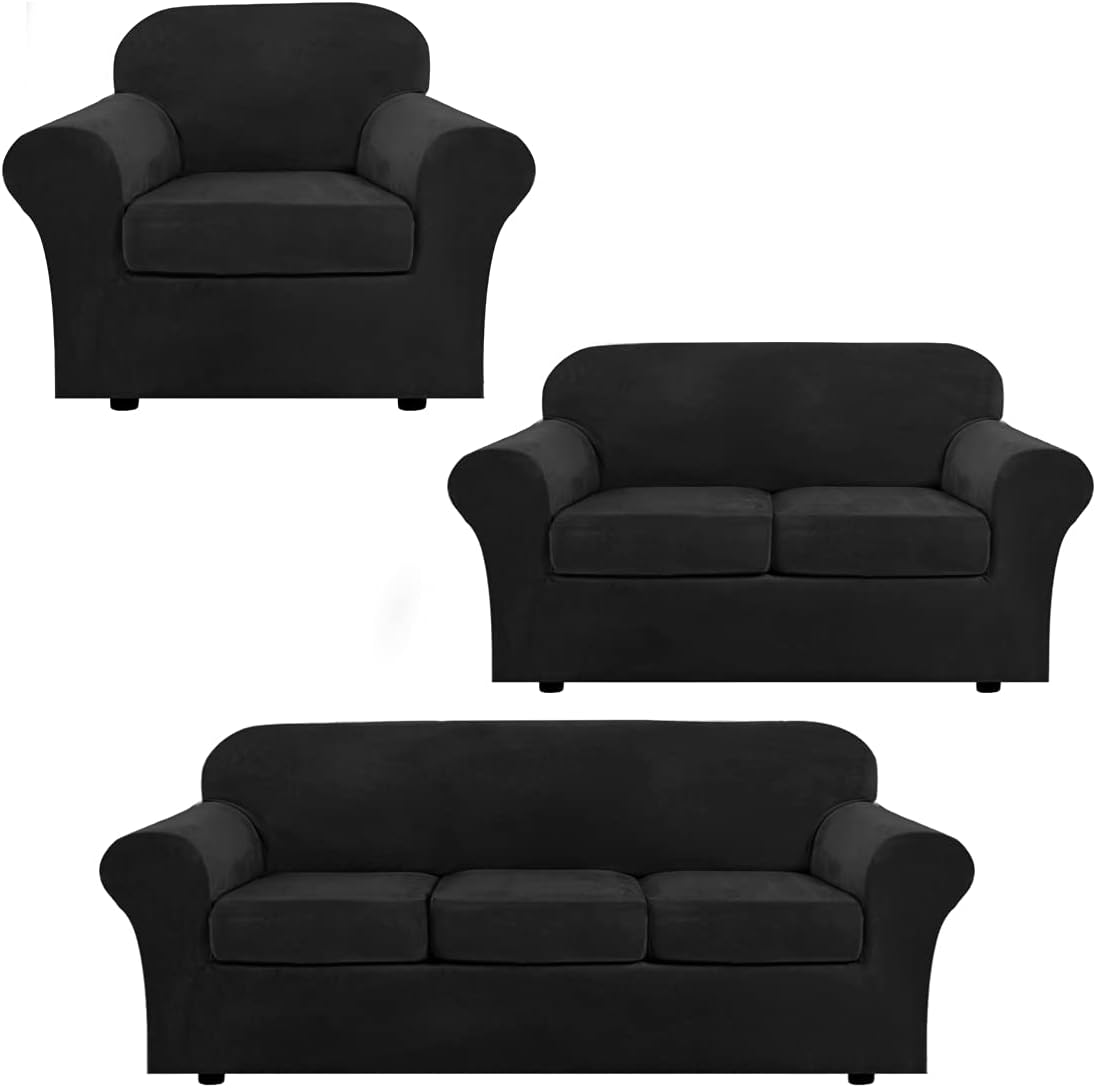 H.VERSAILTEX Velvet Stretch Sofa Covers for 3 Cushion Couch Bundle Loveseat Sofa Covers for 2 Cushion Couch Bundle 1 Seater Armchair Covers, Black
