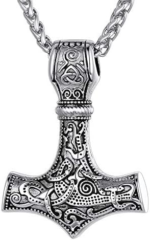 Richsteel Irish Celtic Knot/Viking Odin Helmet Thor's Hammer Mjolnir/Nordic Runes Symbol Pendant Necklace for Men Women, Stainless Steel/Gold/Black Plated, Sturdy Wheat Chain 22"-24", Send Gift Box