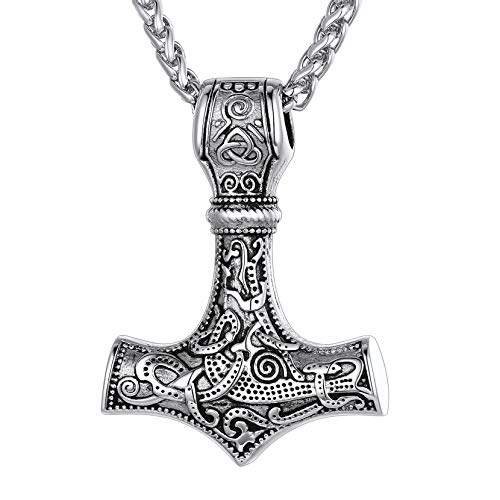 Richsteel Martillo Thor Hammer Tono Plata Colgante Vikingo Nordico, Collar Mjolnir Martillo Odin con Nudos Bruja Celtas Acero Inoxidable