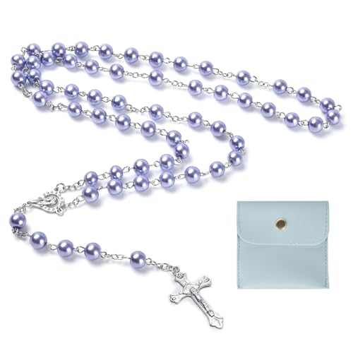 Calkkrer Katholischer Rosenkranz zur Kommunion mit Retro-Kreuz, Samtbeutel, Elegantes Tauf- und Hochzeitskreuz (Blasslila)