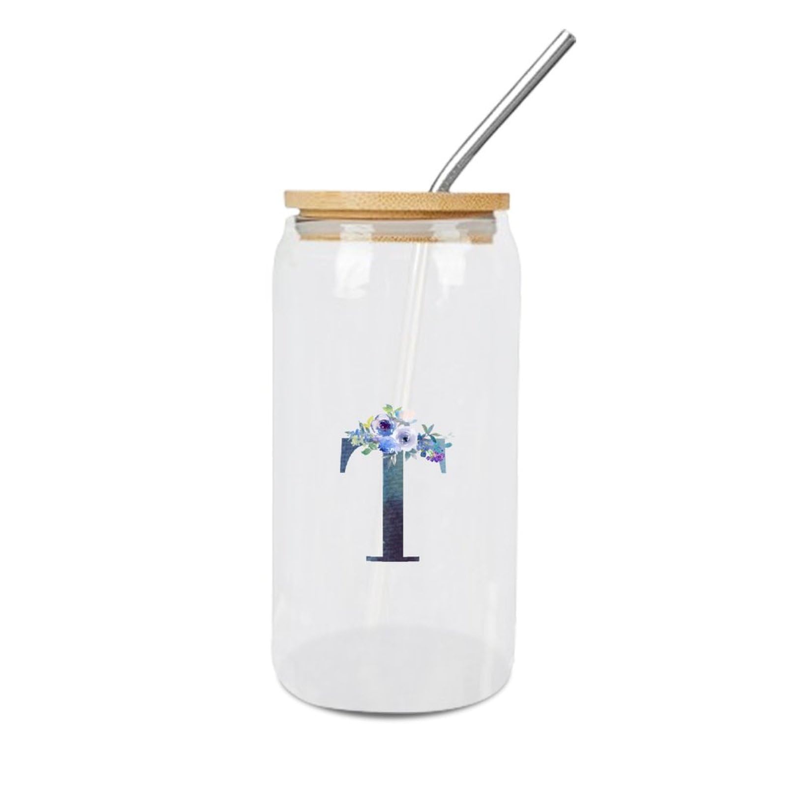 Yelolyio Glass Cups with Bamboo Lids Monogram Letter T Glass Cup Dark Blue Letter Blue Flower Glass Tumbler Inspired Monogram Cups Great for for Soda Whiskey Coffee 16 OZ