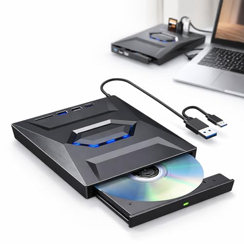 7-in-1 External USB DVD Drive & Blu-ray Player, Portable Optical Drive Hub with SD Card Reader and 2 USB Ports, Plug & Play CD/DVD Burner Player Compatible with Mac, Windows PC, Linux (1pc)