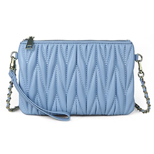 befen Small Envelope Crossbody Bags for Women, Leather Wristlet Clutch Purse for Women Shopping Walking, Quilted Baby Blue/Gold