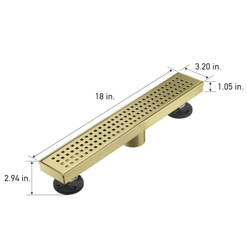 AVSIILE Linear Shower Floor Drain, Brushed Gold 18 Inch 304 Stainless Steel Bathroom Drains Kit, Long Rectangular Shower Trench Drain with Square Pattern Drain Cover & Hair Catcher