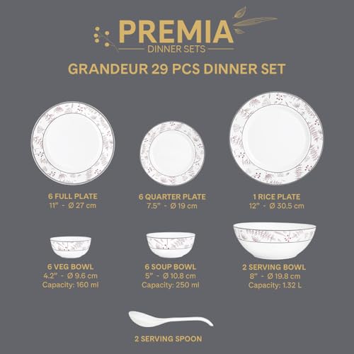 Image of Larah by Borosil 29pc Opalware Grandeur Dinner Set for Family of 6 | Microwave & Dishwasher Safe Crockery Set for Dining & Gifting | Plates & Bowls