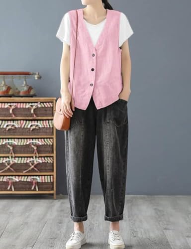 ايديلسانكسن سترة نسائية من القطن والكتان بدون اكمام، سترات عصرية كاجوال خفيفة الوزن، سترة صدرية (بينك، XL)