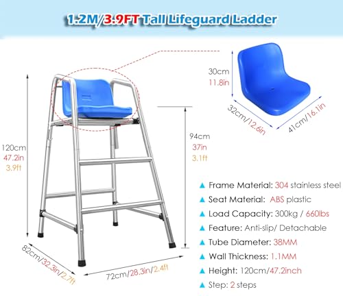 Genérico Escaleras para Piscinas Silla de Salvavidas Acero Inoxidable Observación de socorristas Playa Piscinas Cancha de Tenis Árbitro Socorristas Altos, Silla de Salvavidas para Piscina con Gancho