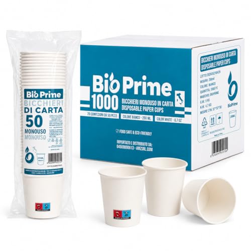 BioPrime - 1000pz - Bicchieri Acqua in Carta 200ml - Bicchieri 200ml Biodegradabili - Per Bevande Calde, Acqua e Bibite - Bicchieri Usa e Getta.