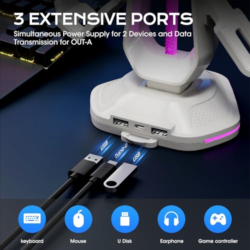 Saitake RGB Controller Stand with 9 Light Modes,Controller Holder with 2 USB Ports,Headphone Holder Suitable for All Headphones and Controller (White) by Saitake - Image 3