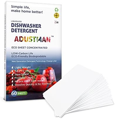 ADUSTMAN ECO Friendly Dishwasher Detergent 60 Sheets Unscented Natural Biodegradable,No Plastic Jugs More Convenient Dishwashing Pods Liquid Pacs Tablets,Pure Cleaning Dish Easy to Use For Mothers Gifts