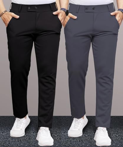Image of Men's Slim Fit Lycra Formal Trousers Combo | Stretchable Smart Casual Pants for Office Wear | Mid-Rise Flat Front Stylish Chinos