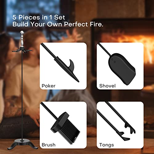 Comfyhome 5-Piece Fireplace Tools Set 32'',Heavy Duty Wrought Iron Fire Place Tool W/Long Fire Poker, Shovel, Tongs, Brush, Stand For Outdoor Indoor Chimney,Stove, Fire Pit Easy To Assemble,Silver #TOP1