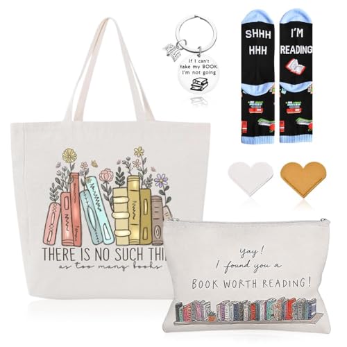 Coffret Cadeau pour Amoureux des Livres – Set de 6 Pièces avec Sac Tote en Toile, Trousse de Rangement, Chaussettes de Lecture, Porte-clés & 2 Marque-pages...