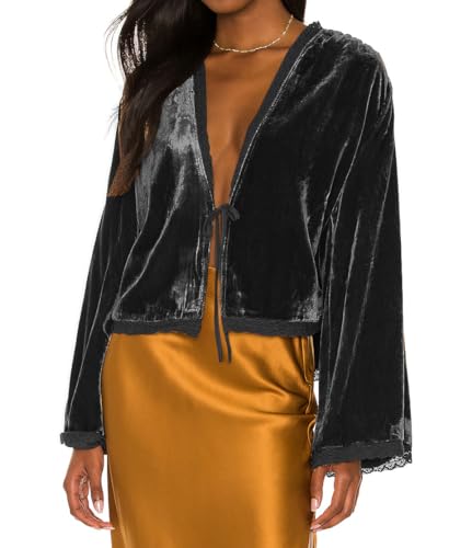 R.Vivimos Women's Fall Velvet Casual Jackets Bell Long Sleeve Tie Front Lace Trim Loose Vintage Kimono Cardigan Short Coat