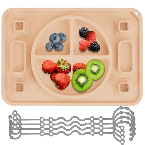 Image of Strong Suction Baby Placemat, STARTURFLYU Silicone Toddler Plate with 4 Toy Straps & Anti-Peel Design, Dishwasher Safe Travel-Friendly Sensory Mat for High Chair, Airplane, Baby Led Weaning (Khaki)