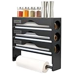 EVERGOODS Cling Film Dispenser and Cutter with Kitchen Roll Holder, 4-in-1 Bamboo Foil Dispenser Organizer with Paper Towel Holder, Wall-Mount or Countertop Wrap Storage Compatible (Black)