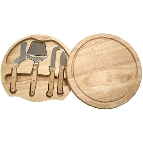 Casa Cuisine® Deluxe Round Hevea Wood Cheese Board with Integrated Compartment for 4 Cheese Knives 25cm x 4cm Cover