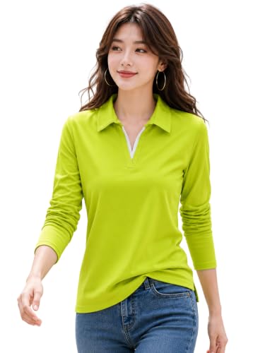 Image of Women's Solid Polo T Shirt with Collar, Long Sleeve V Neck Casual Top, Regular Fit Everyday Wear
