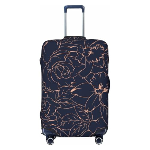 Copper-Gold Gloss Outline Flower Print Luggage Cover For Suitcase,Washable Elastic Travel Suitcase Protector With Zipper Closure And Bottom Buckle – Fits 18-32