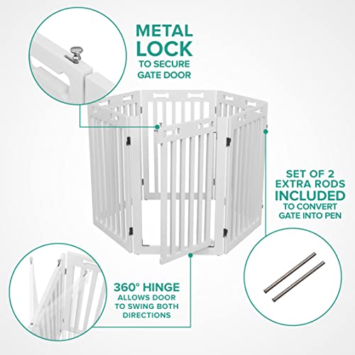 Arf Pets Freestanding Dog Gate With Door, 6 Panel 360° Configurable Wooden Fence, 120" Wide, 31.5" Tall, Foldable, Four Support Feet Included, For The House - Indoor Use #TOP3