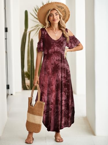 Image of BELAROI Womens Cold Shoulder Maxi Dress Plus Size V Neck Summer Sundresses with Pockets Beach Coverup Vacation Outfits