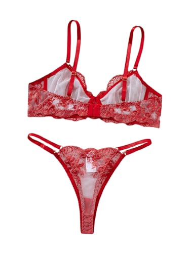 Image of Sexy Floral Embroidered Flower Mesh Underwire Push Up Lingerie Set