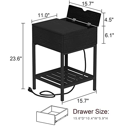 Choochoo Nightstand With Charging Station And Usb Ports, Rustic Side End Table With Drawer And Metal Shelf, Bedside Table For Small Spaces, Bedroom, Black #TOP1