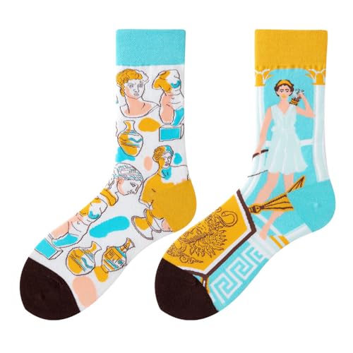 NxnChc Chaussettes Drôles Pour Femmes Et Hommes Unisexe Multi Motifs Grèce Animaux Nourriture Sport Art Coton Cadeau Design Asymétrique Gauche-Droite