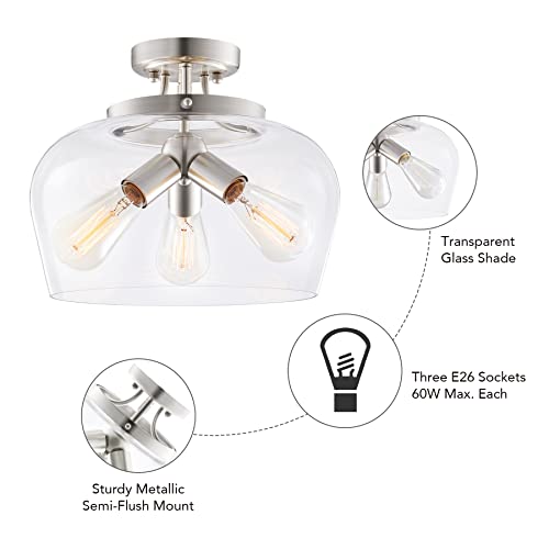 Vonluce Modern Ceiling Light Fixture With Clear Glass Shade, 3 Light Brushed Nickel Semi Flush Mount Ceiling Light For Kitchen Dining Table Bedroom Entryway Foyer Living Room #TOP5