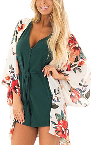 Hibluco Women's Chiffon Floral Kimono Cardigan Summer Sheer Swimwear Beach Cover Up