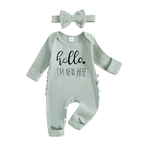 Image of FIOMVA Im New Here Newborn Outfit Girl Long Sleeve Letter Romper Ribbed Knit Jumpsuit Baby Girl Preemie Coming Home Outfit