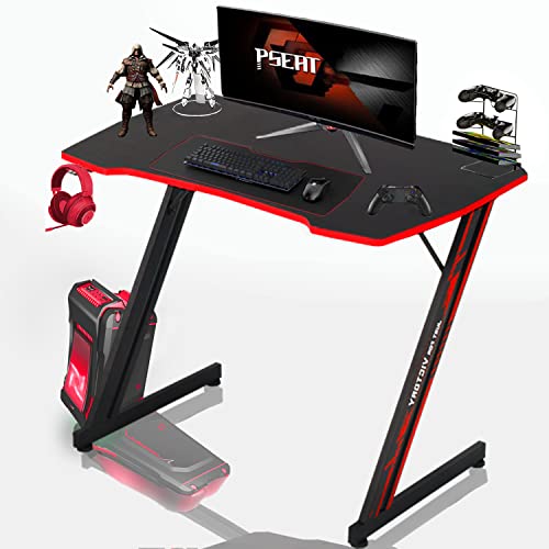Image of 35 inch Z-Shaped Gaming Computer Desk with Hook - Cheap Home Office Desk for Bed, Sofa or Kids, Easy to Install, Lightweight to Move, Red